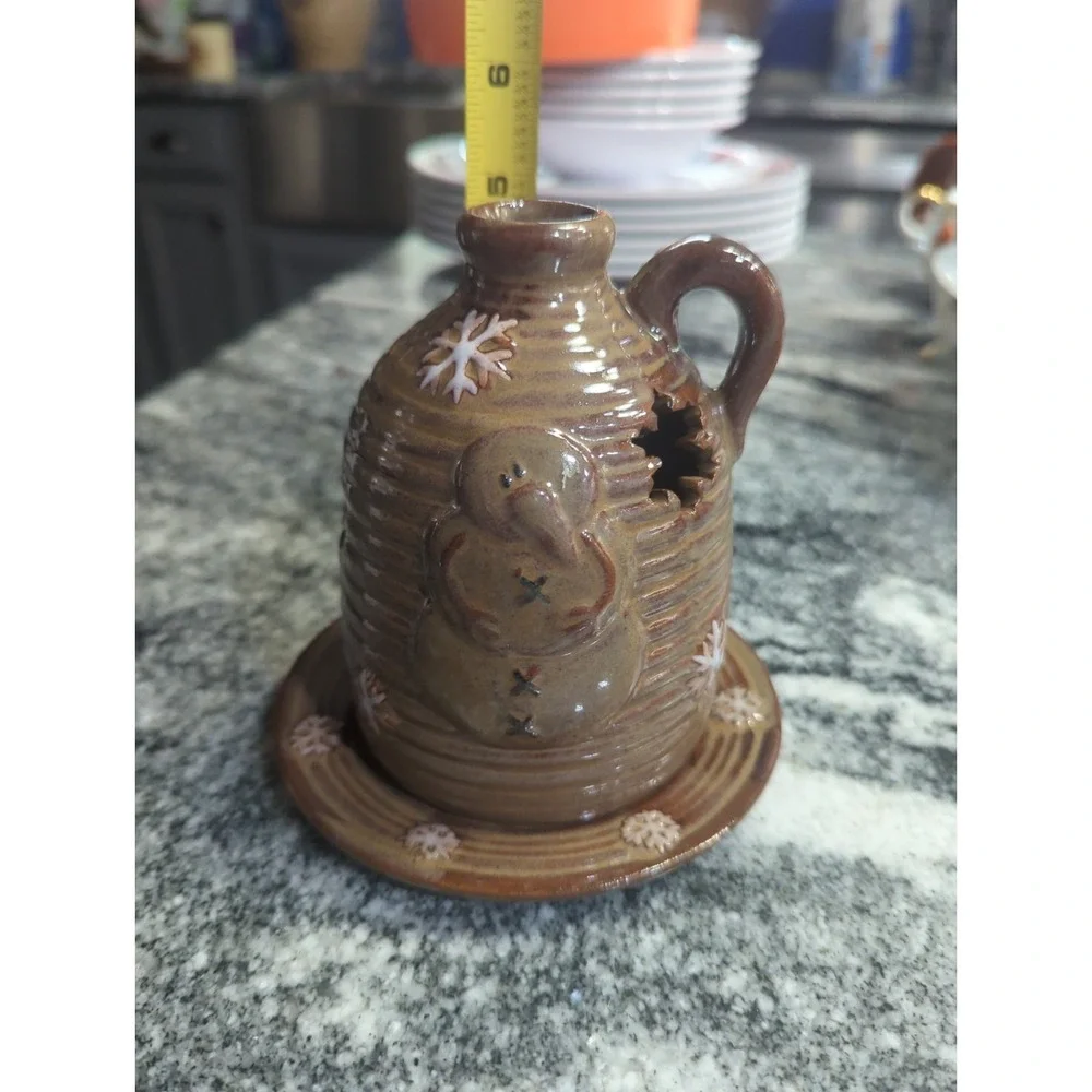 Primitive  Vintage Honey & Me Beehive Pottery Snowman Jug & Saucer Candle Holder